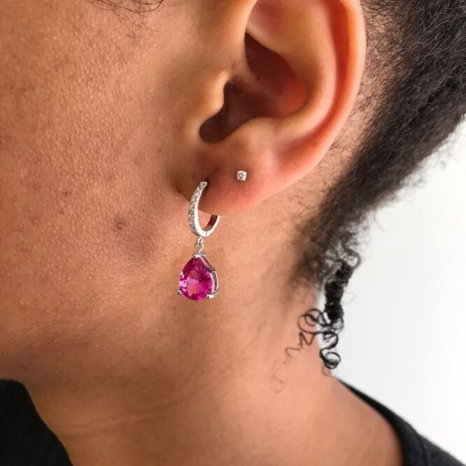 Brinco gota de zircônia pink, prata 925